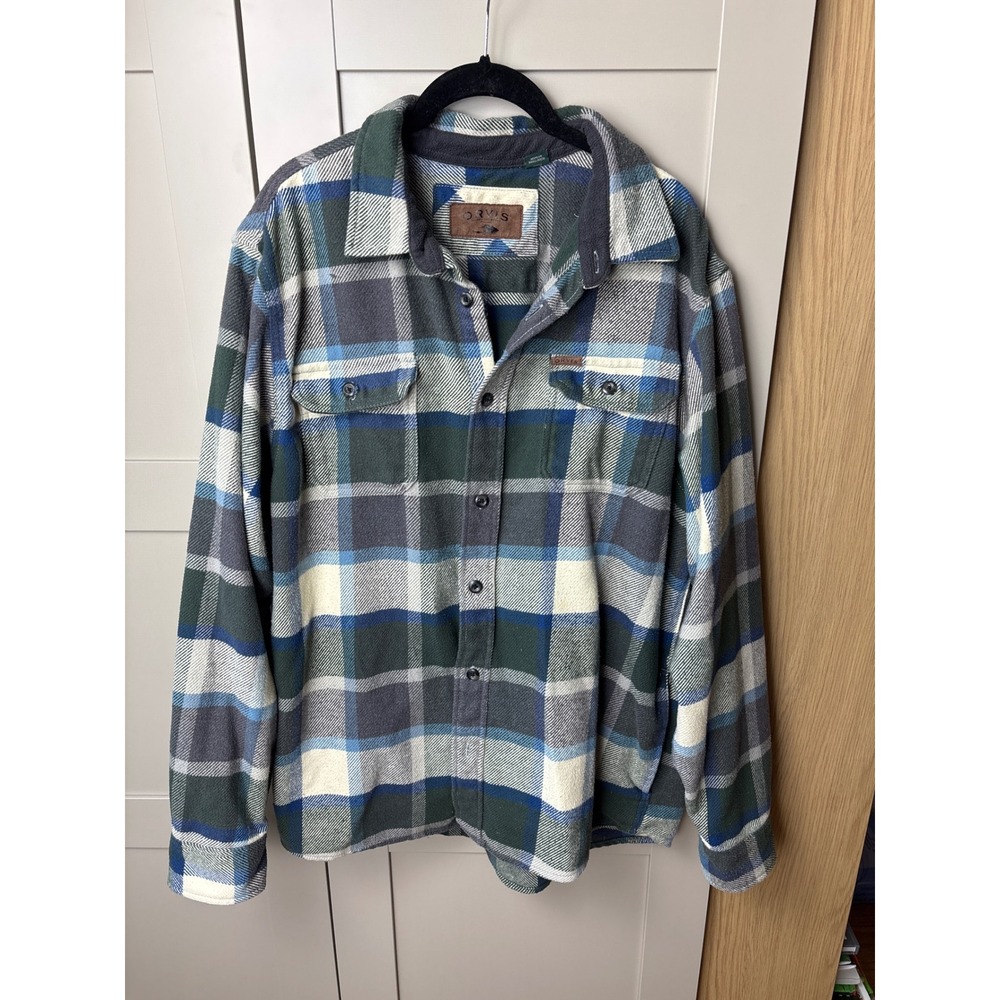 Orvis Mens XL Blue Green Plaid Flannel Long Sleeve Button Down Shirt